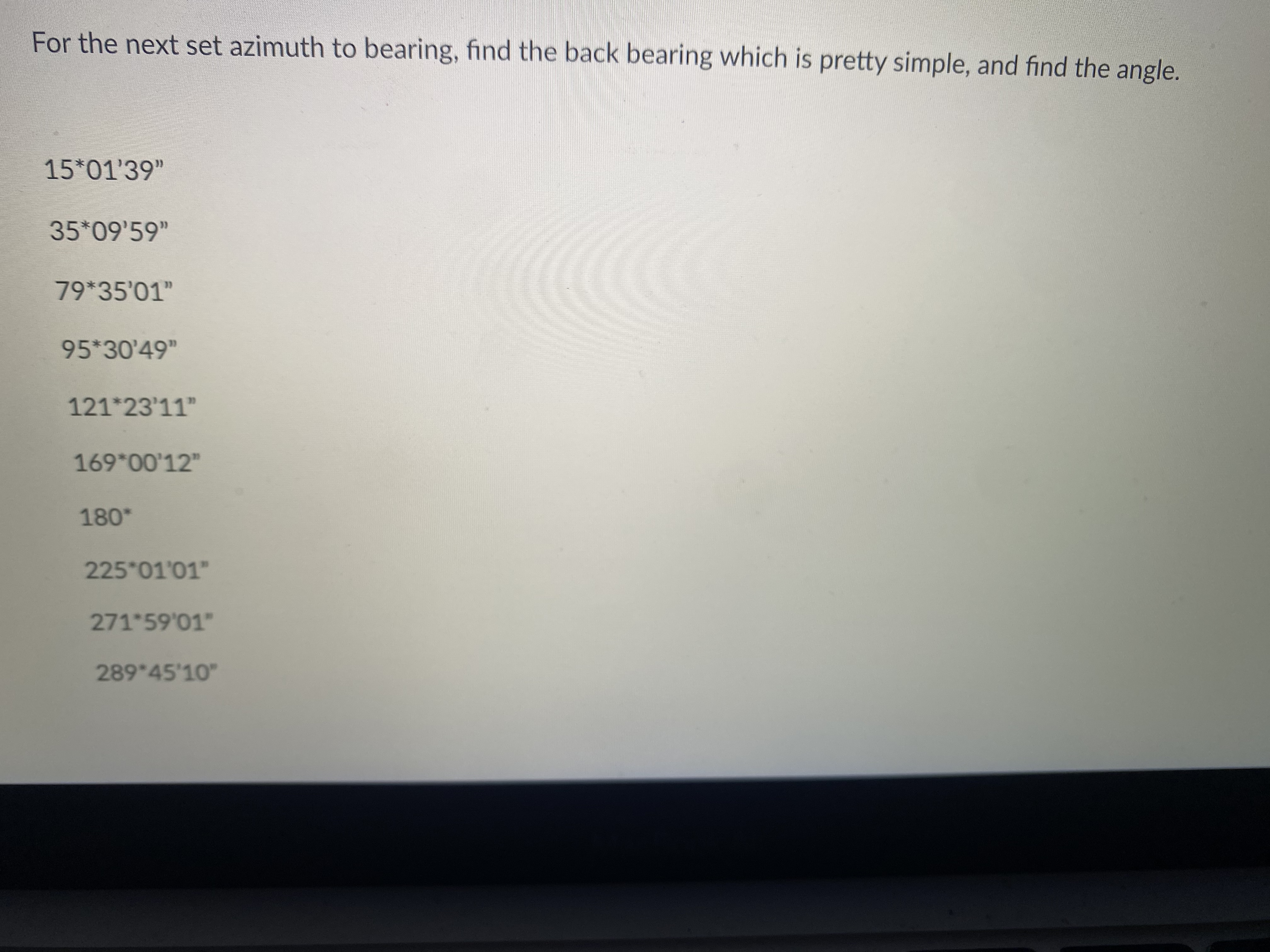 For the next set azimuth to bearing, find the