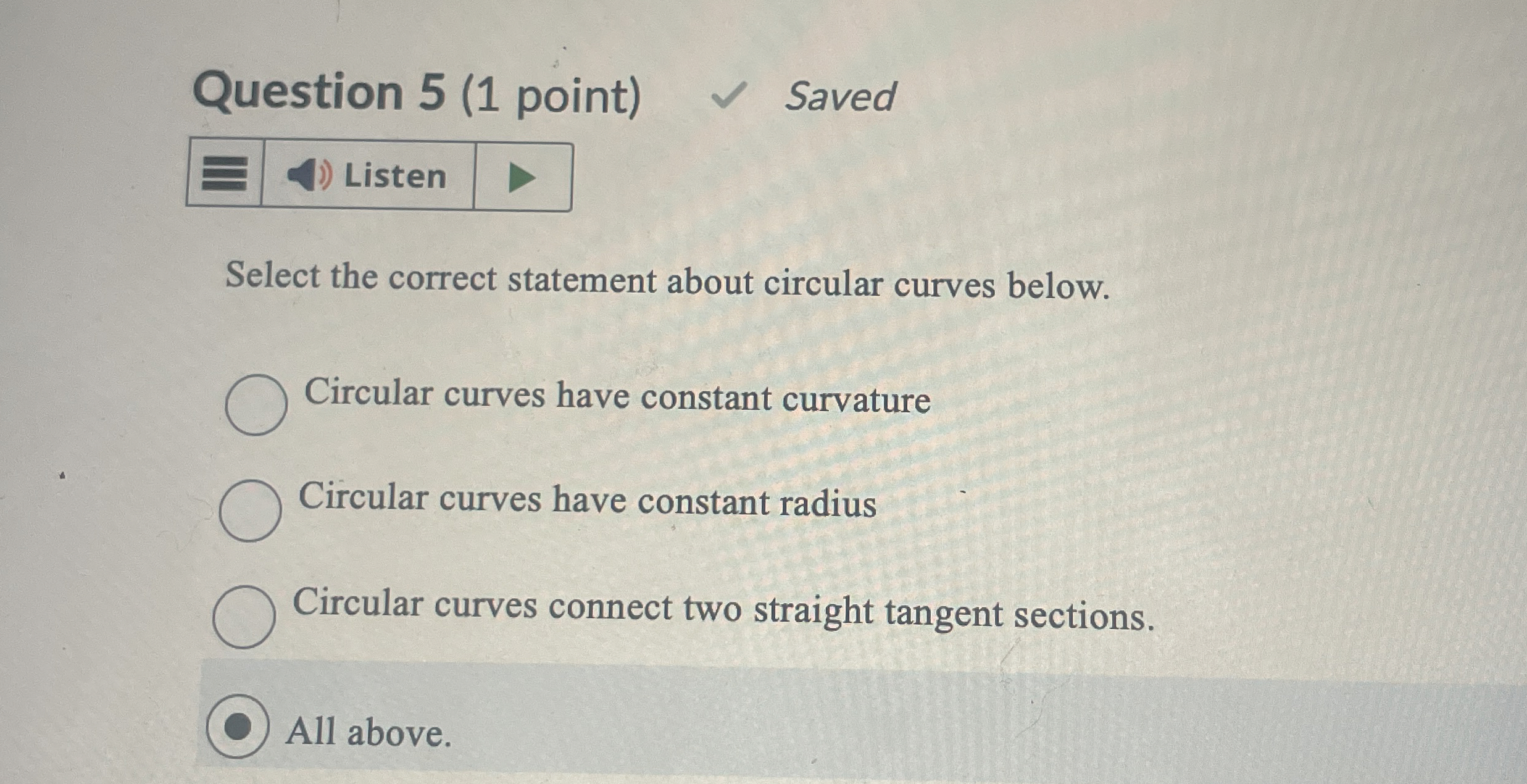 Question 5 ( 1 point ) Saved Select the correct