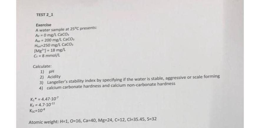 TEST 2 _ 1 Exercise A water sample at 2 5 C