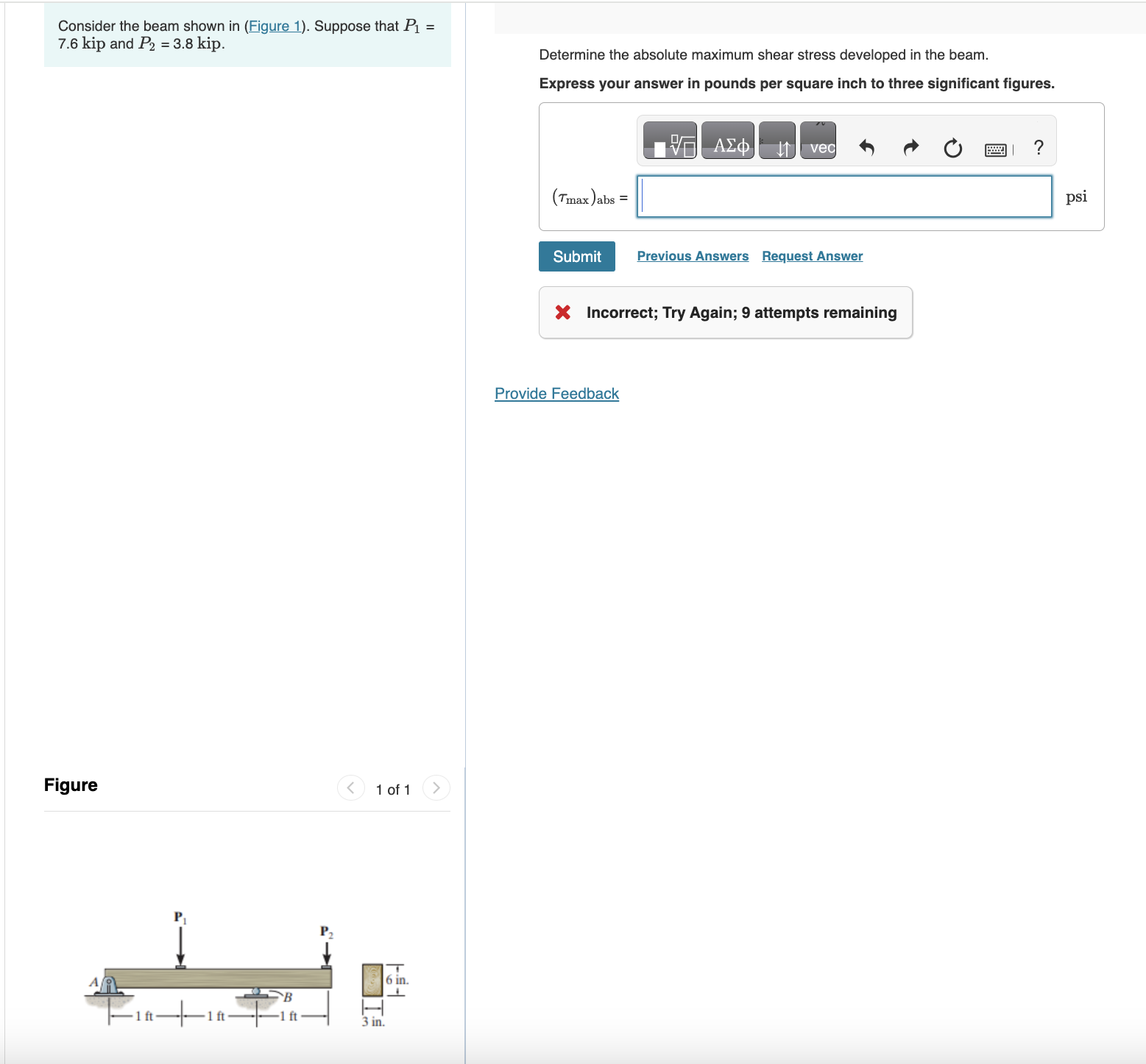 Consider the beam shown. Suppose that P 1 = 7 . 6