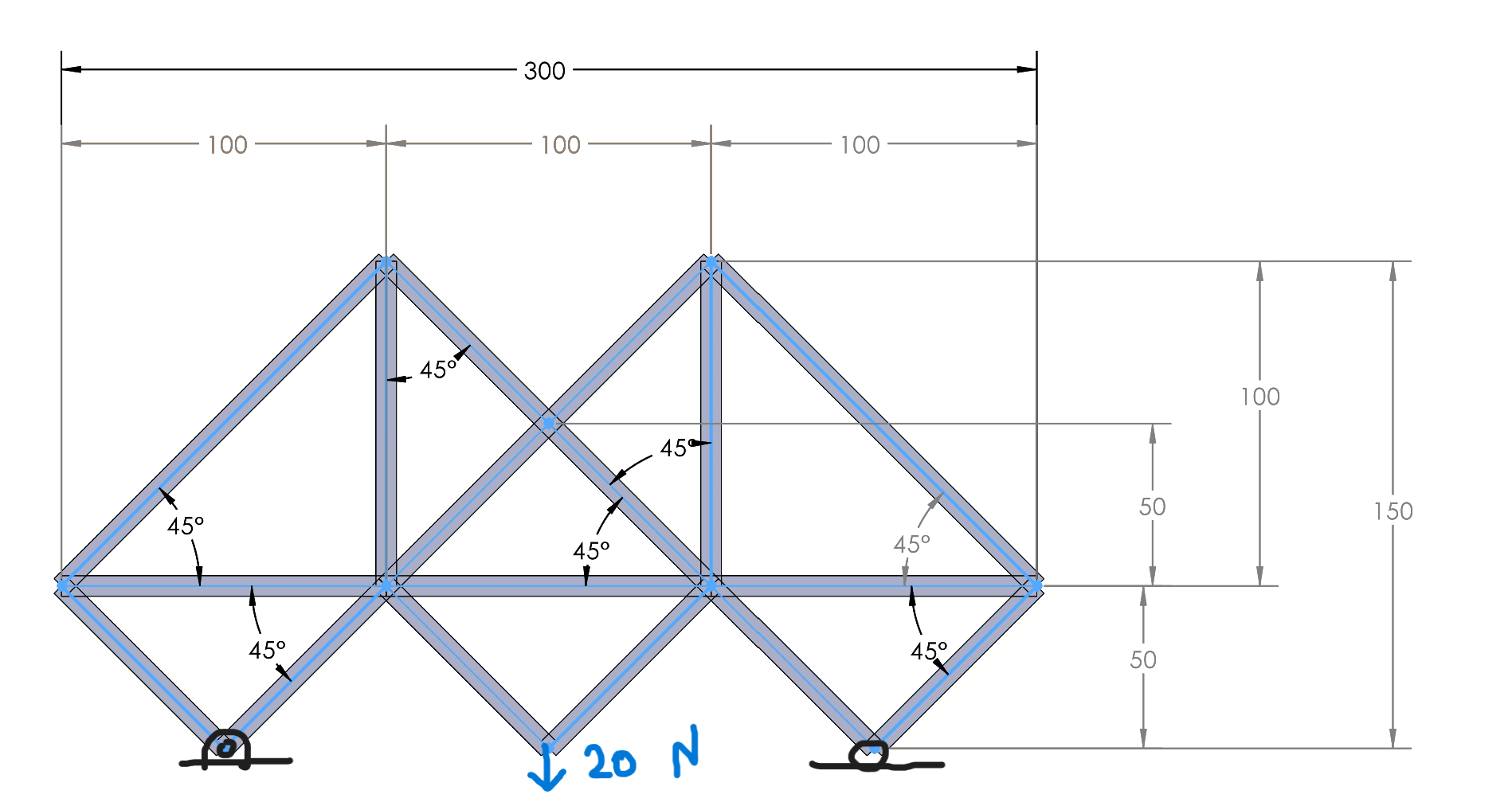 Solve for the forces in each member and indicate