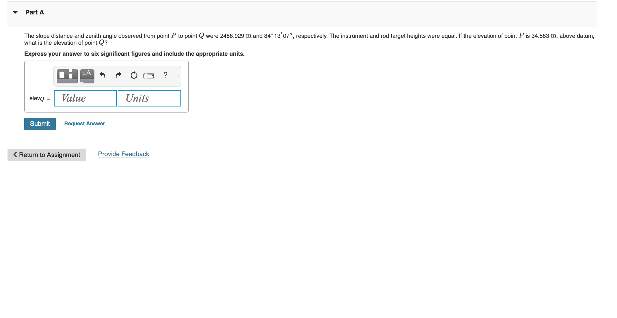 Part A what is the elevation of point Q ? Express