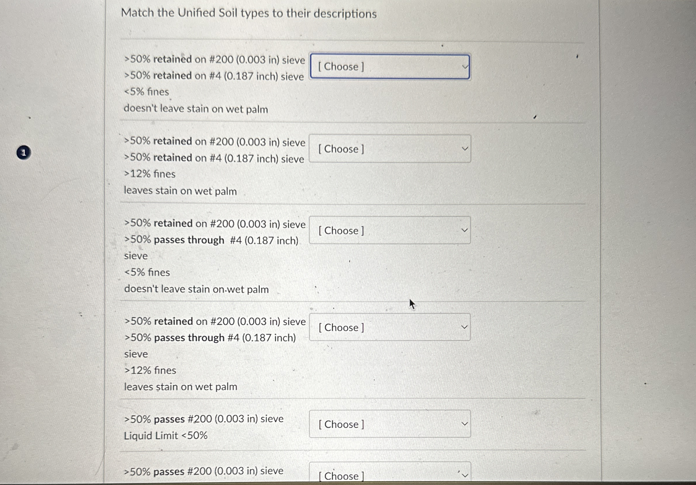 Match the Unified Soil types to their