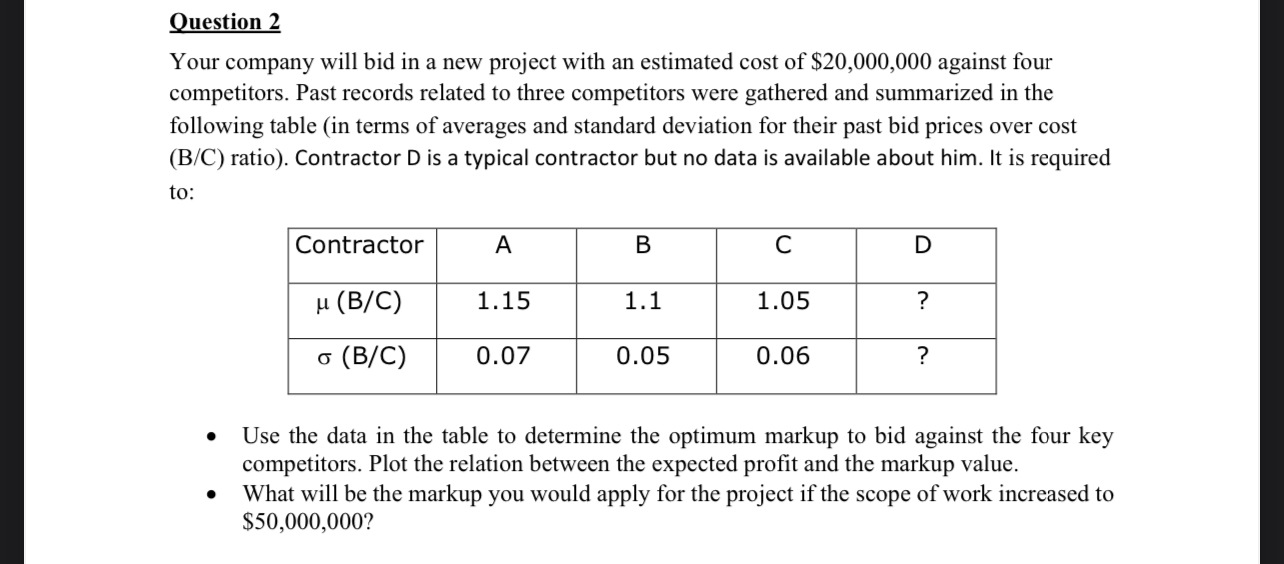Question 2 Your company will bid in a new project