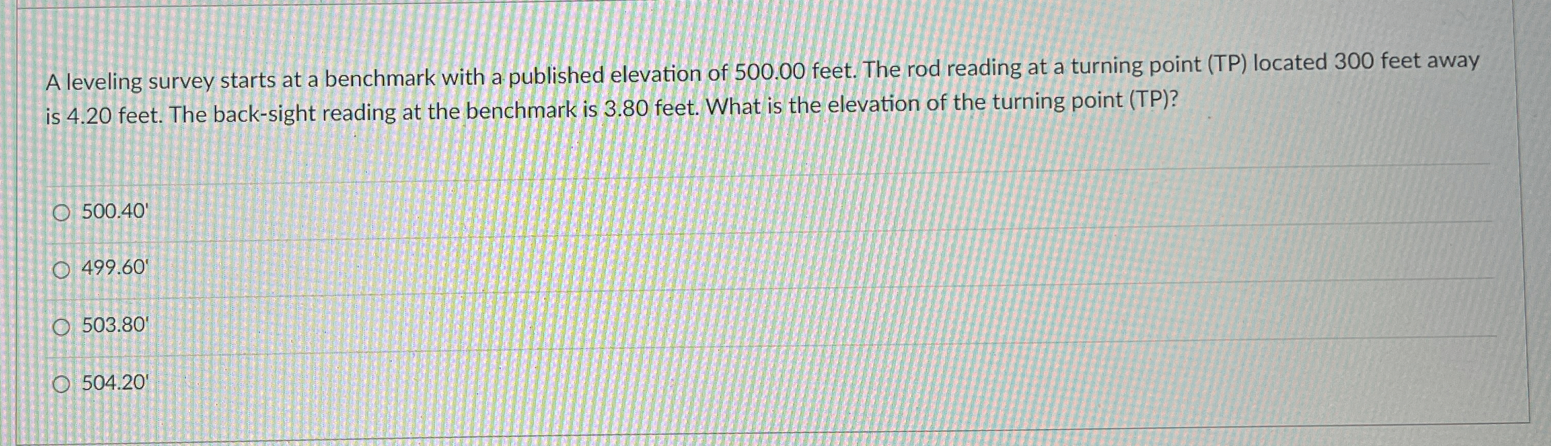 A leveling survey starts at a benchmark with a