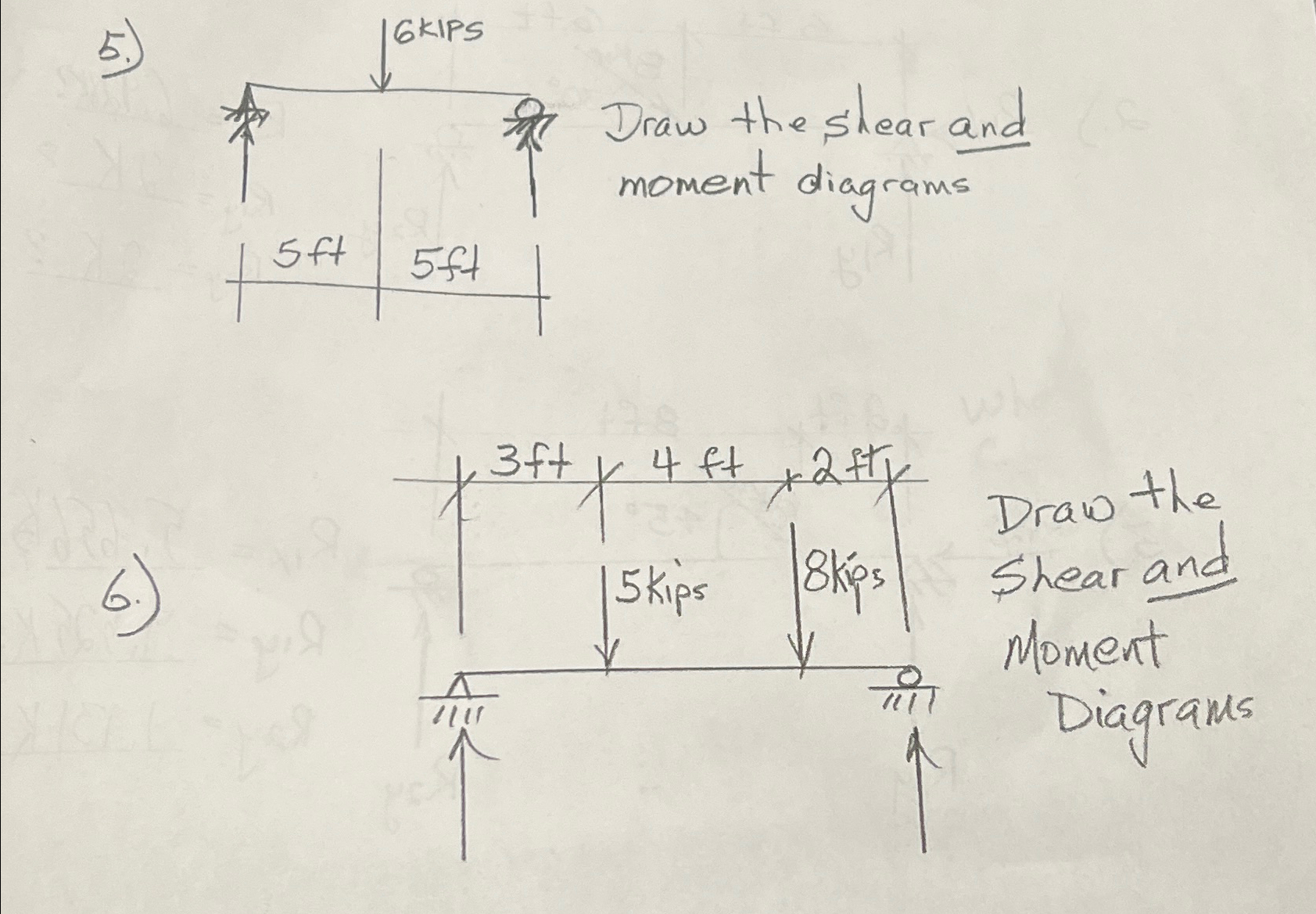 5 . ) Draw the shear and moment diagrams 6 . )