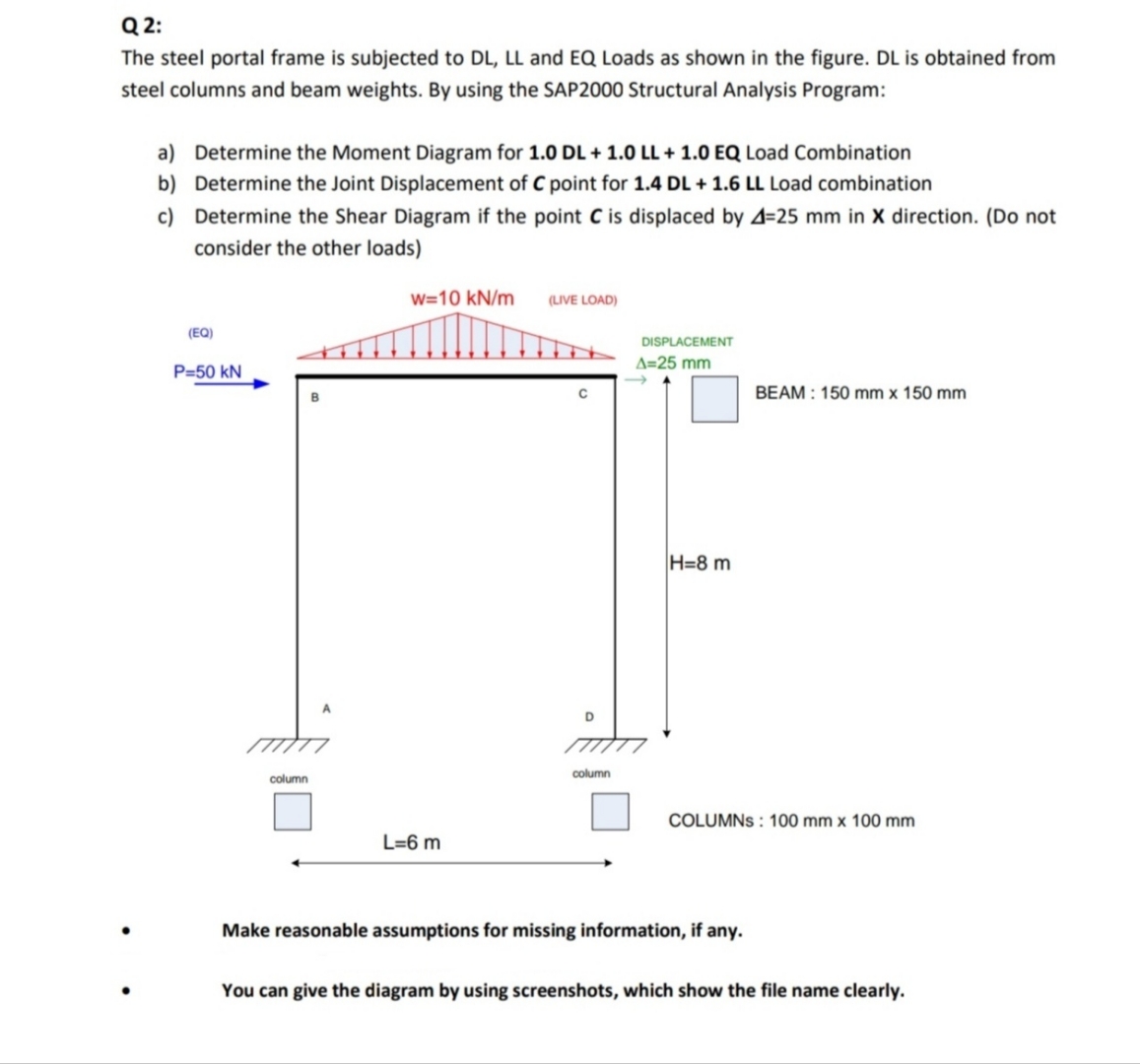 Q 2 : The steel portal frame is subjected to DL ,