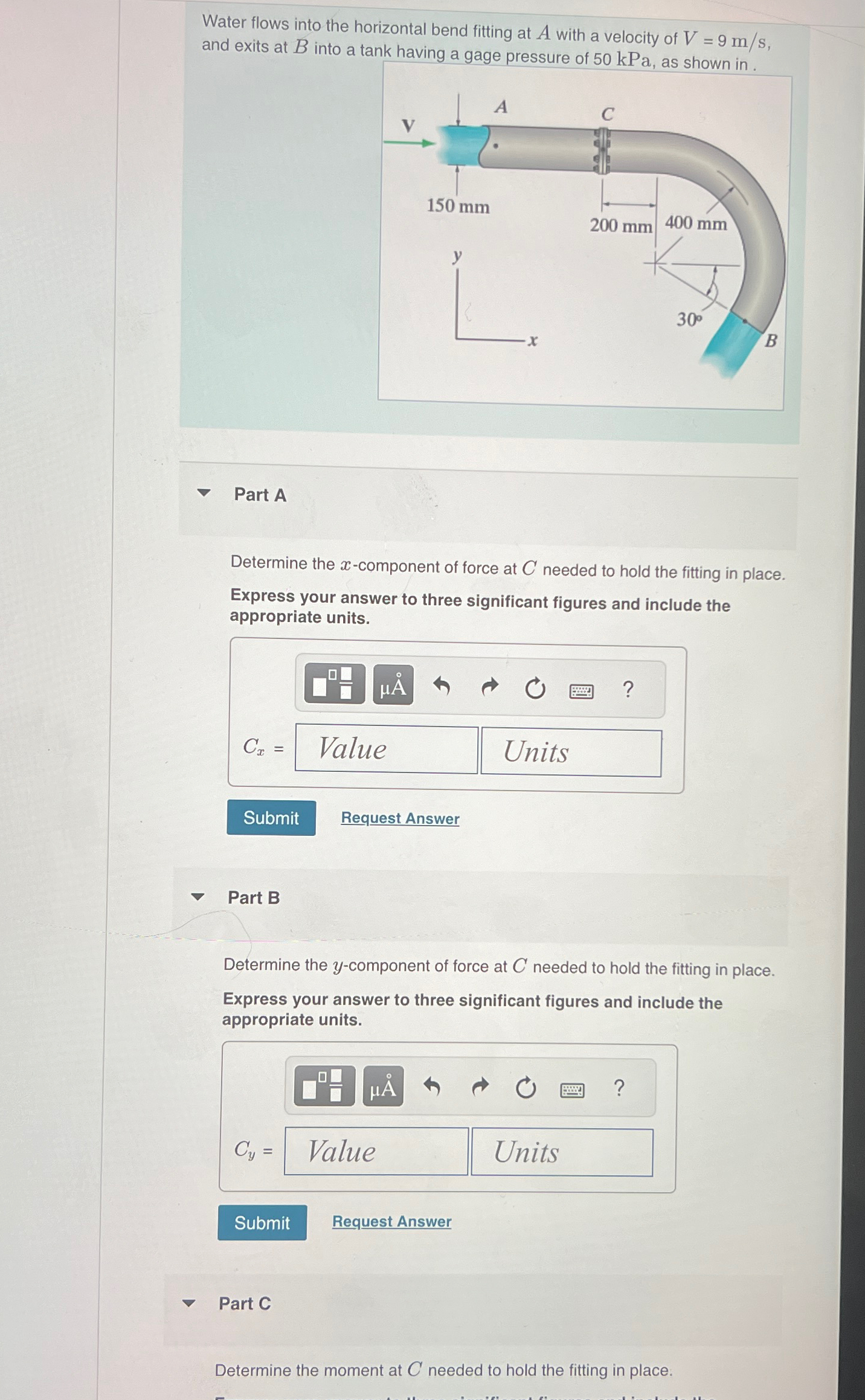 Water flows into the horizontal bend fitting at A