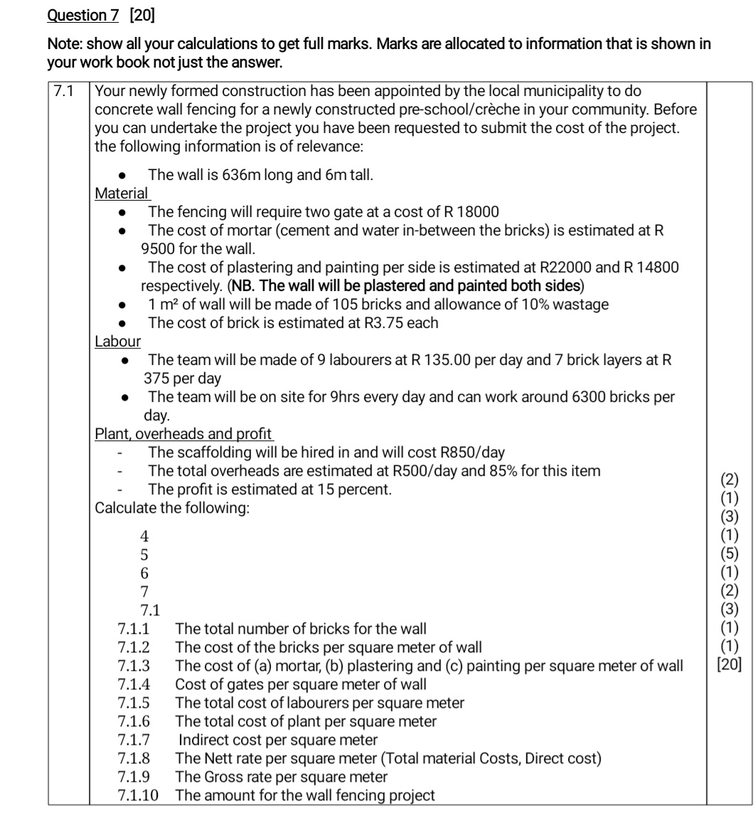 Question 7 [ 2 0 ] Note: show all your