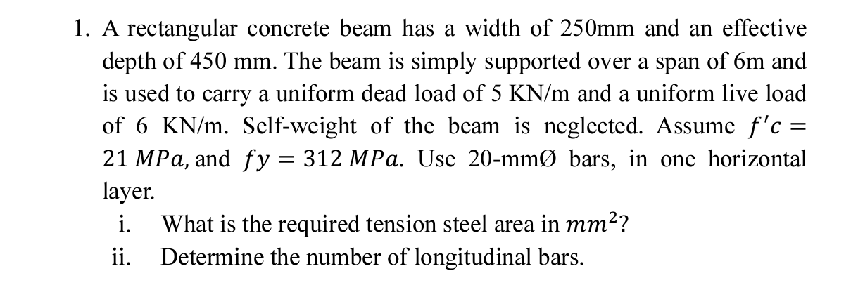 A rectangular concrete beam has a width of 2 5 0