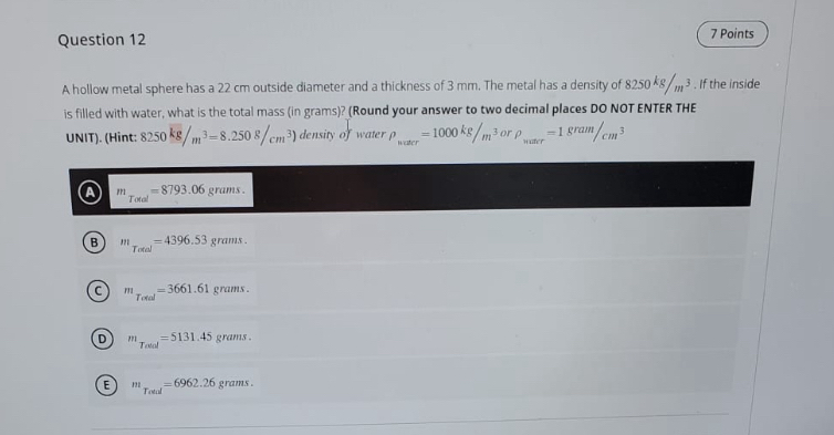 Question 1 2 A hollow metal sphere has a 2 2 c m