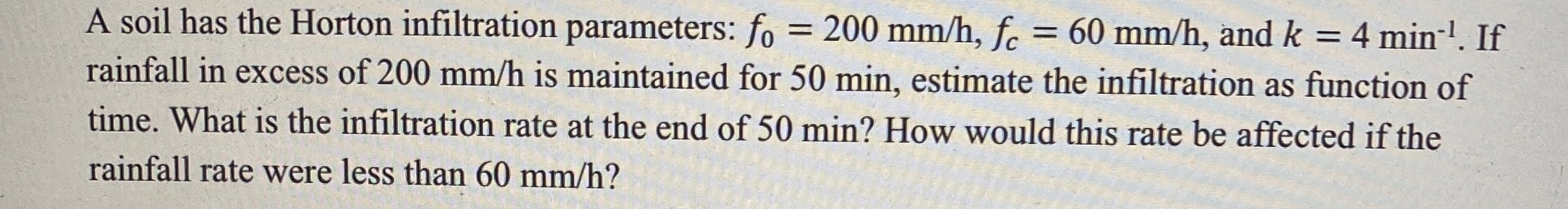 A soil has the Horton infiltration parameters: f