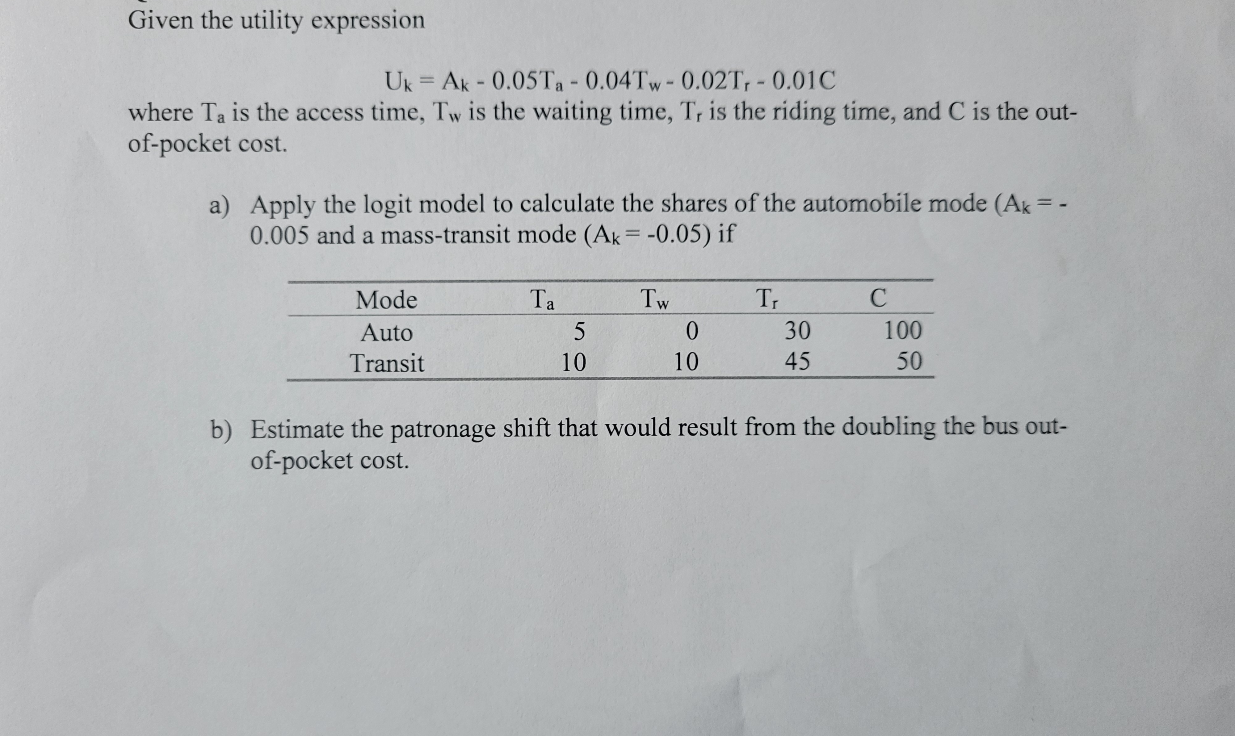 Given the utility expression U k = A k - 0 . 0 5