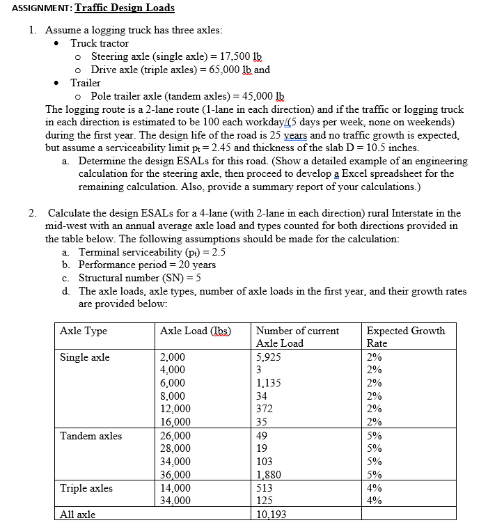 ASSIGNMENT: Traffic Design Loads Assume a logging