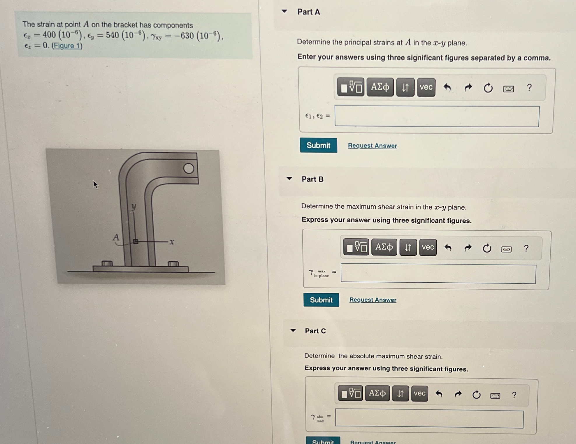 Part A The strain at point A on the bracket has