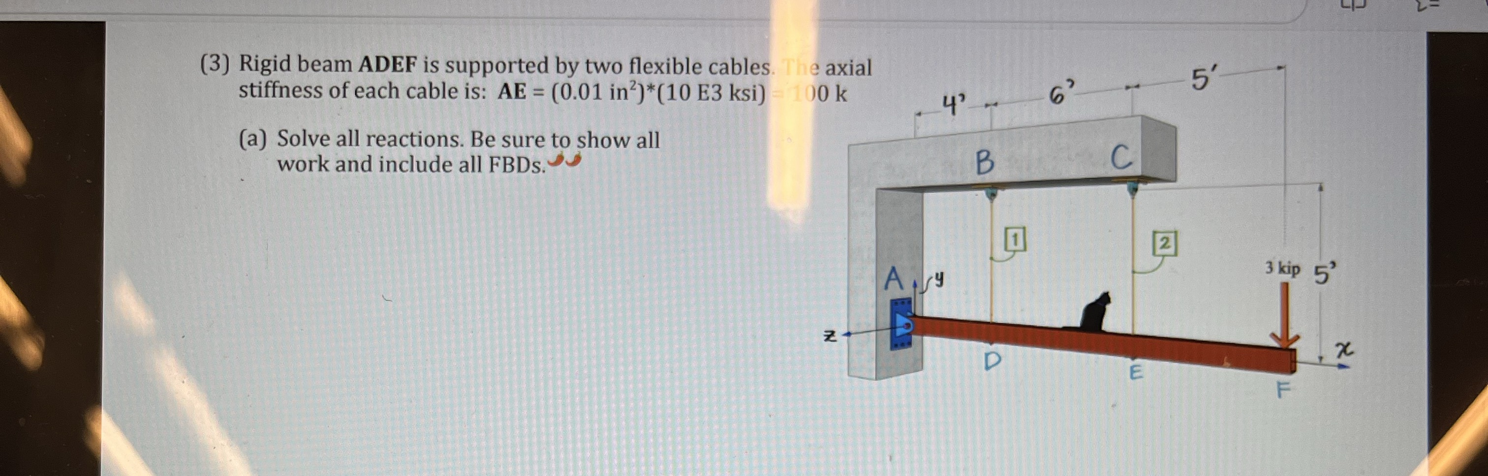 ( 3 ) Rigid beam ADEF is supported by two