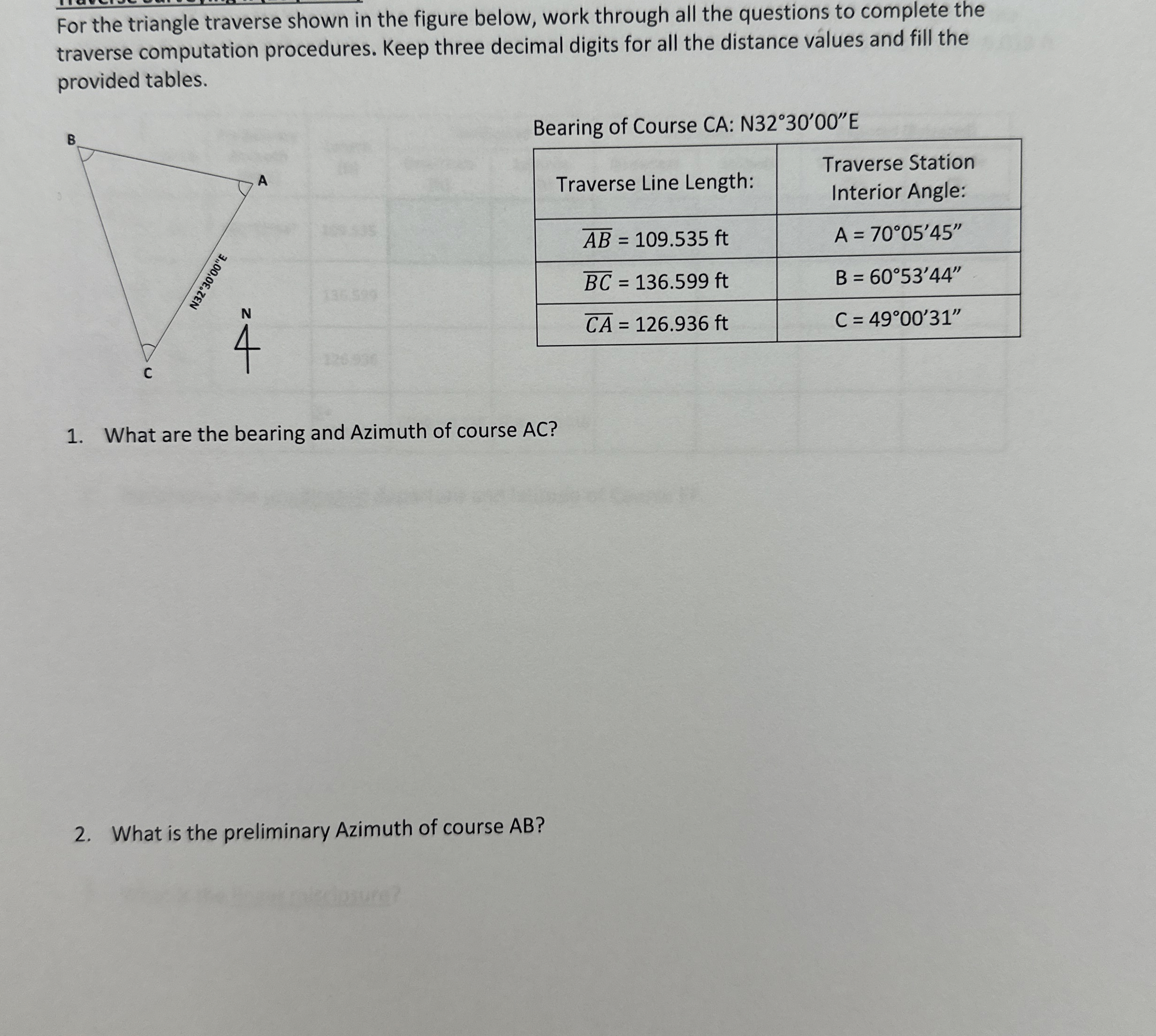 For the triangle traverse shown in the figure