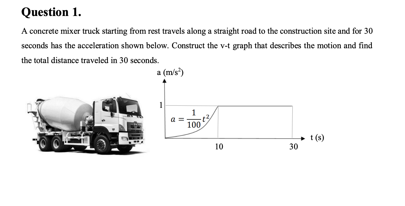 Question 1 . A concrete mixer truck starting from