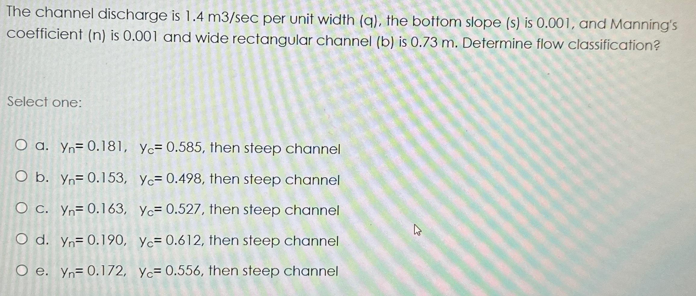 The channel discharge is 1 . 4 m 3 s e c per unit