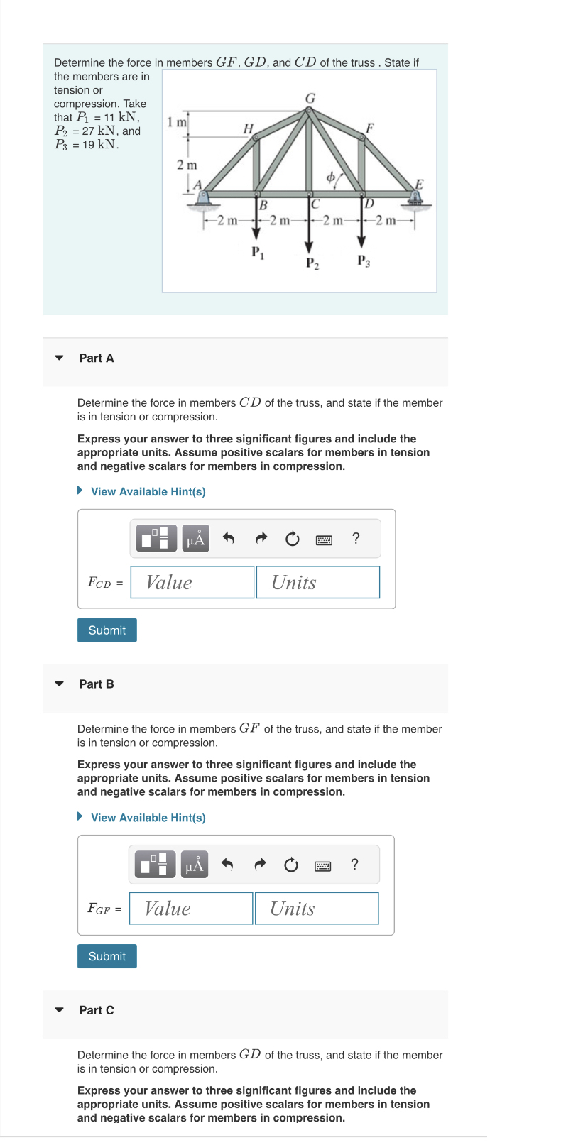 Determine the force in members G F , G D , and C