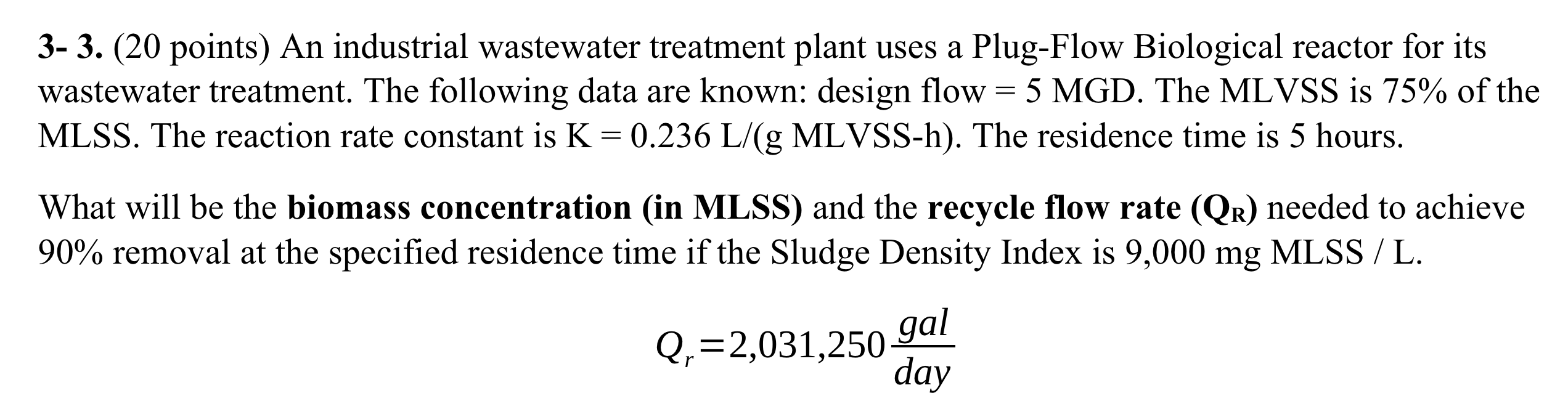 3 - 3 . ( 2 0 points ) An industrial wastewater