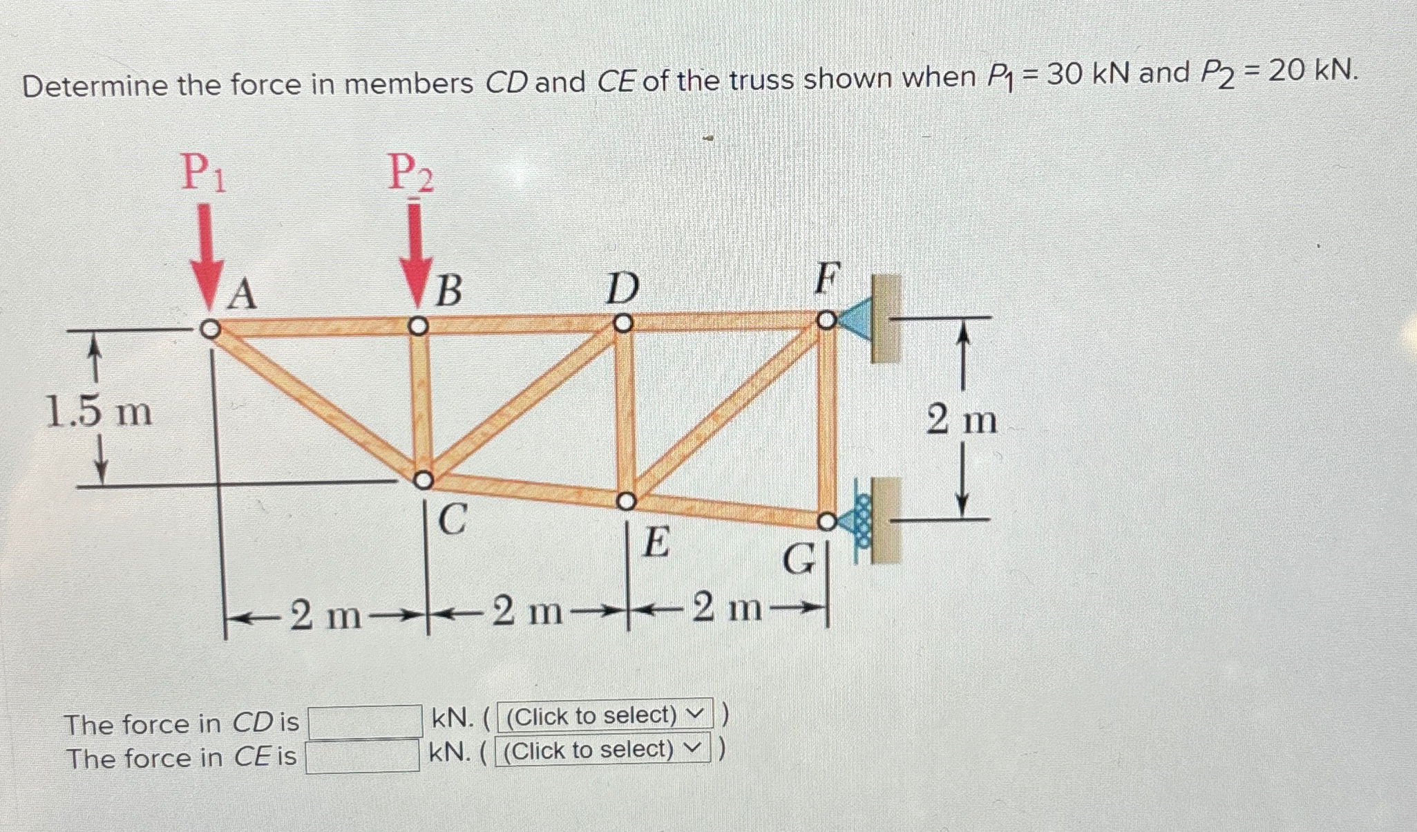 Determine the force in members C D and C E of the