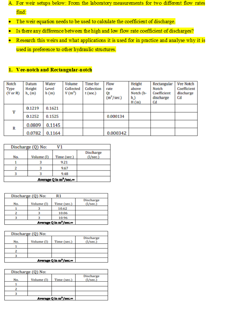 A . For weir setups below: find: used in