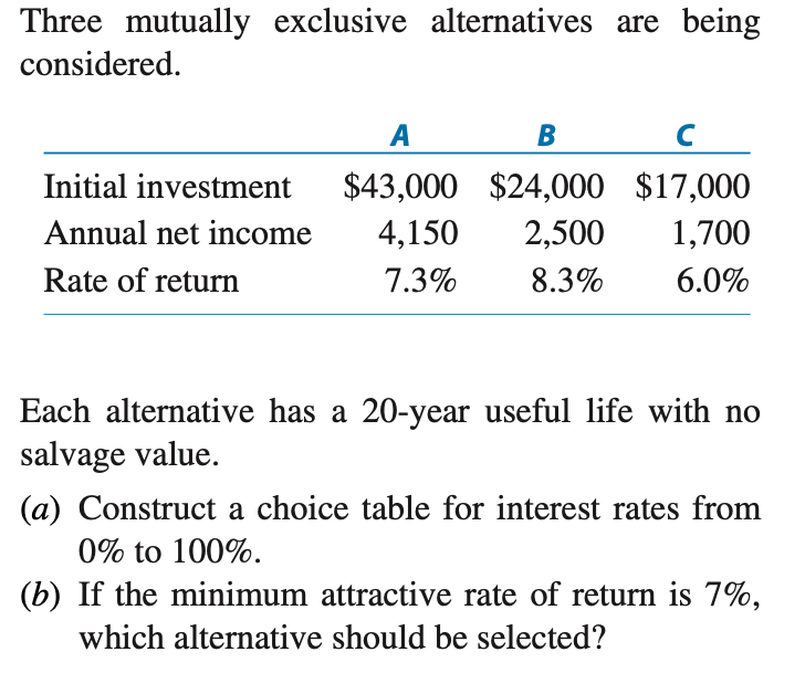 Three mutually exclusive alternatives are being