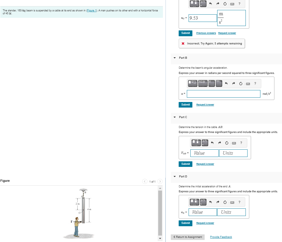 The slender, 1 6 0 - k g beam is suspended by a