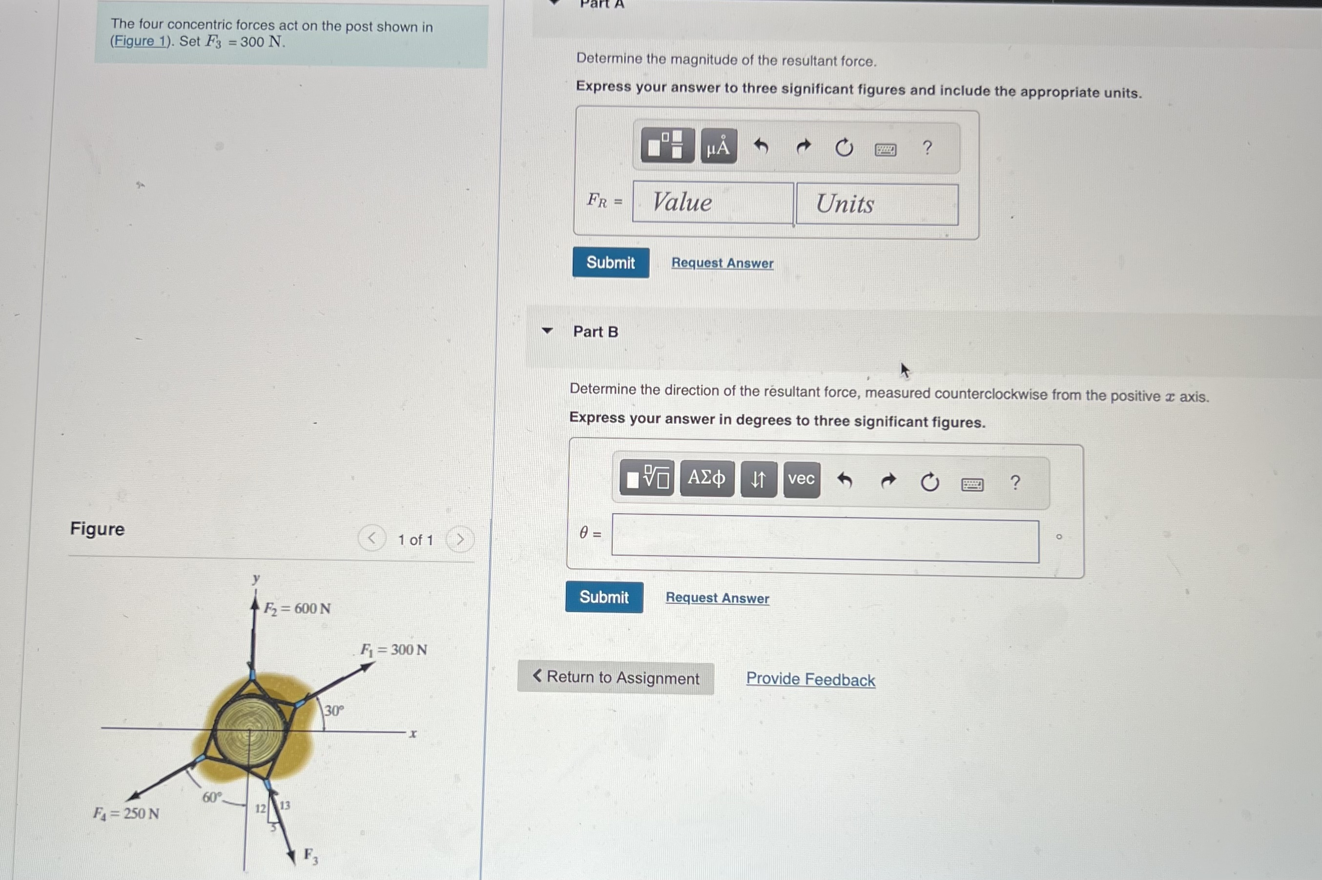 The four concentric forces act on the post shown