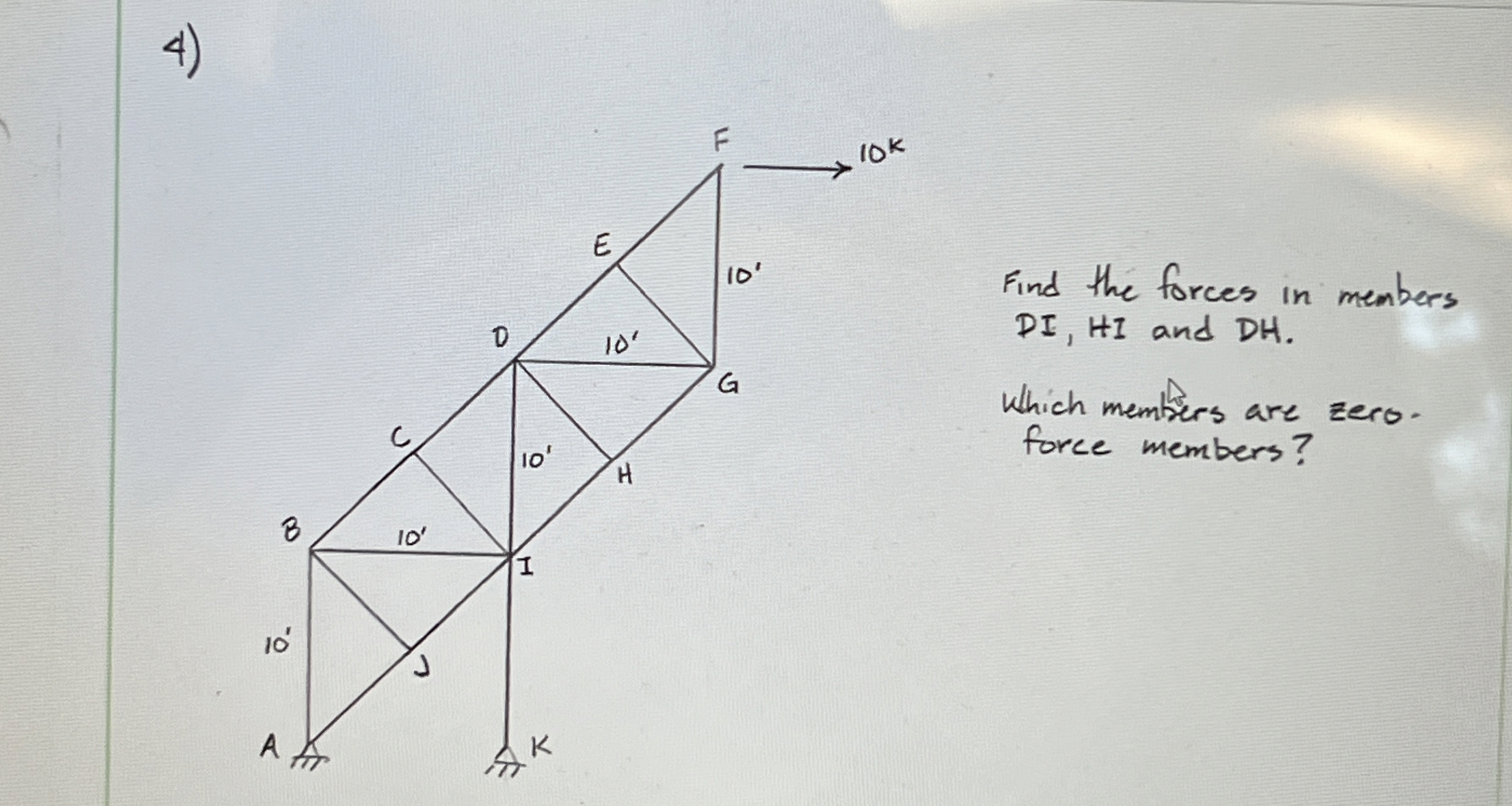 Find the forces in members D I , H I and DH .