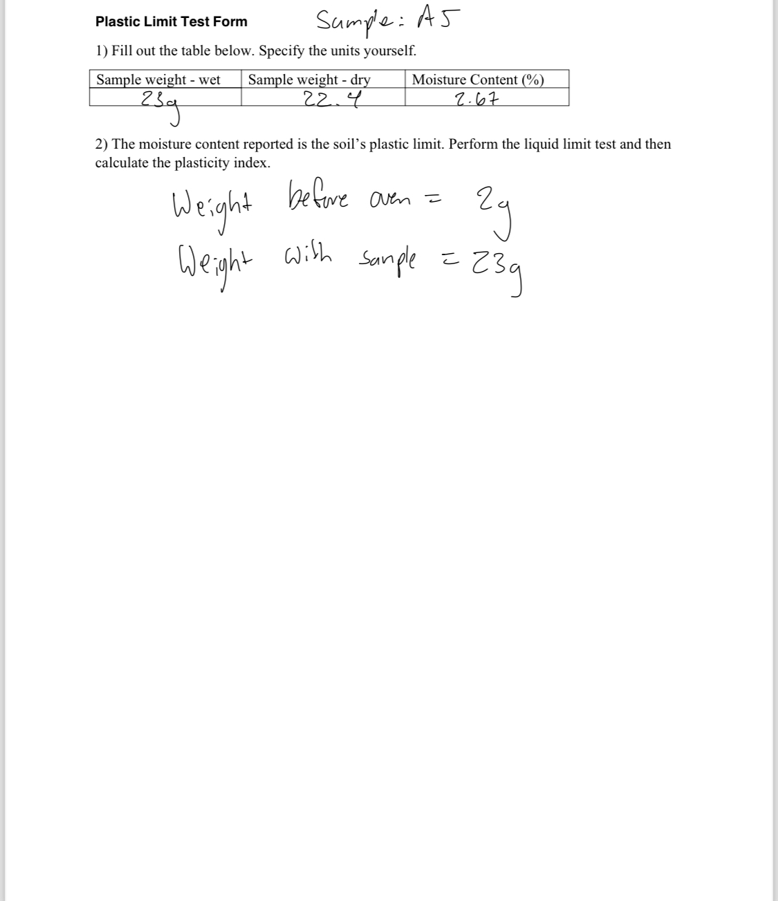 Plastic Limit Test Form Sumple: A 5 Fill out the