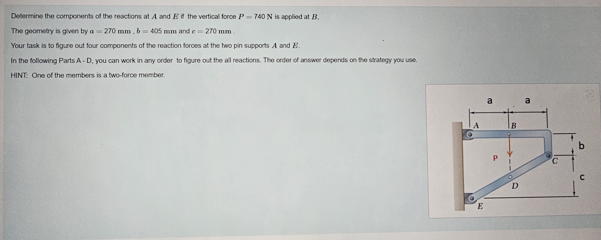 Determine the components of the reactions at A