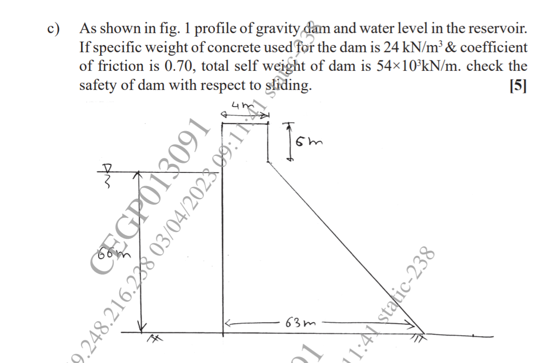 c ) As shown in fig. 1 profile of gravity dam and