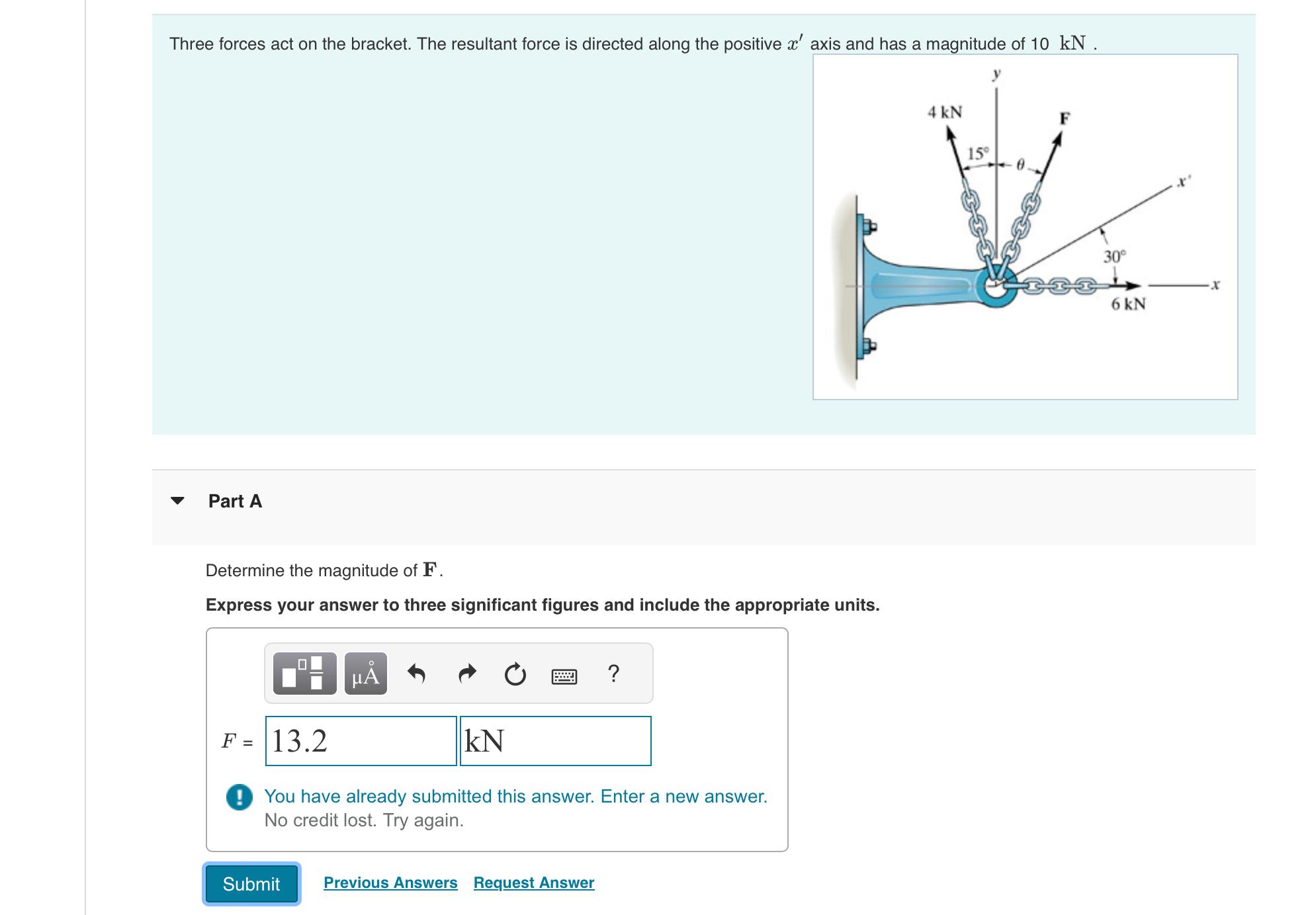 Three forces act on the bracket. The resultant