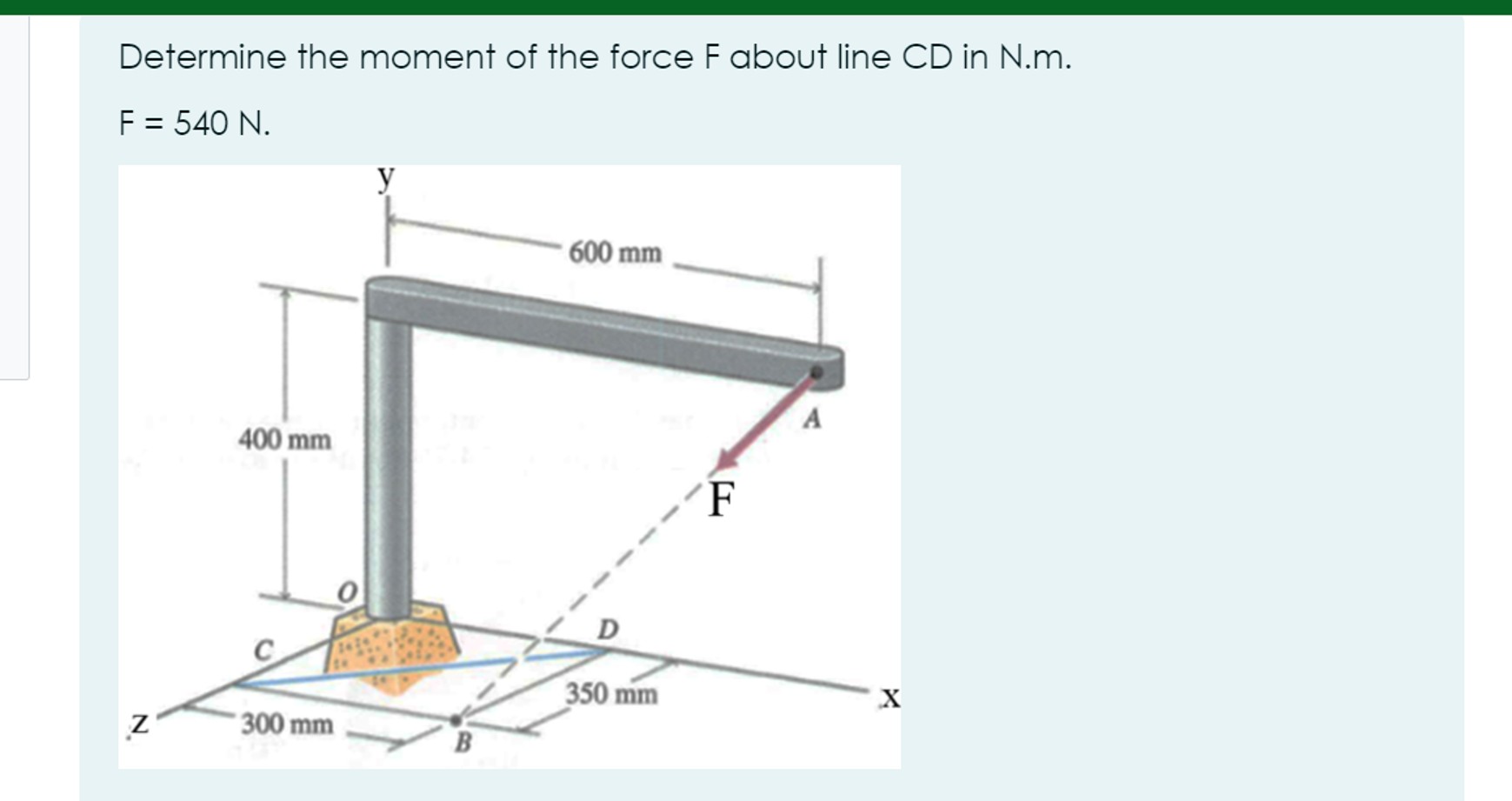 Determine the moment of the force F about line CD