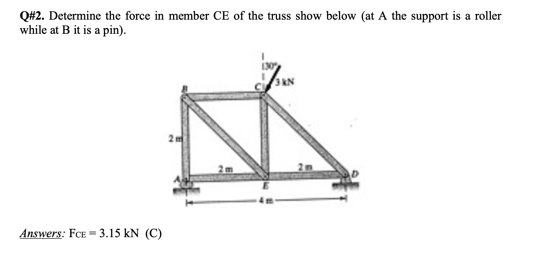 Q# 2 . Determine the force in member CE of the