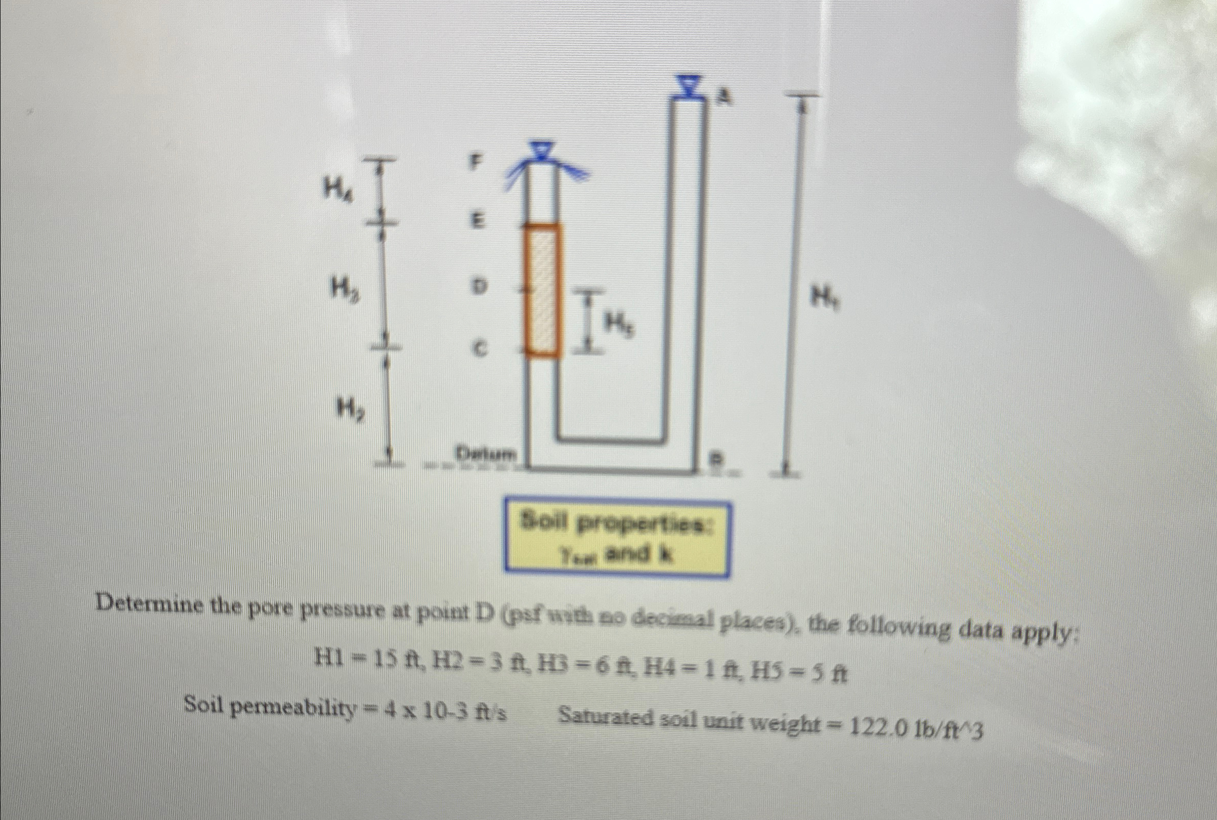 Test and k Determine the pore pressure at point D