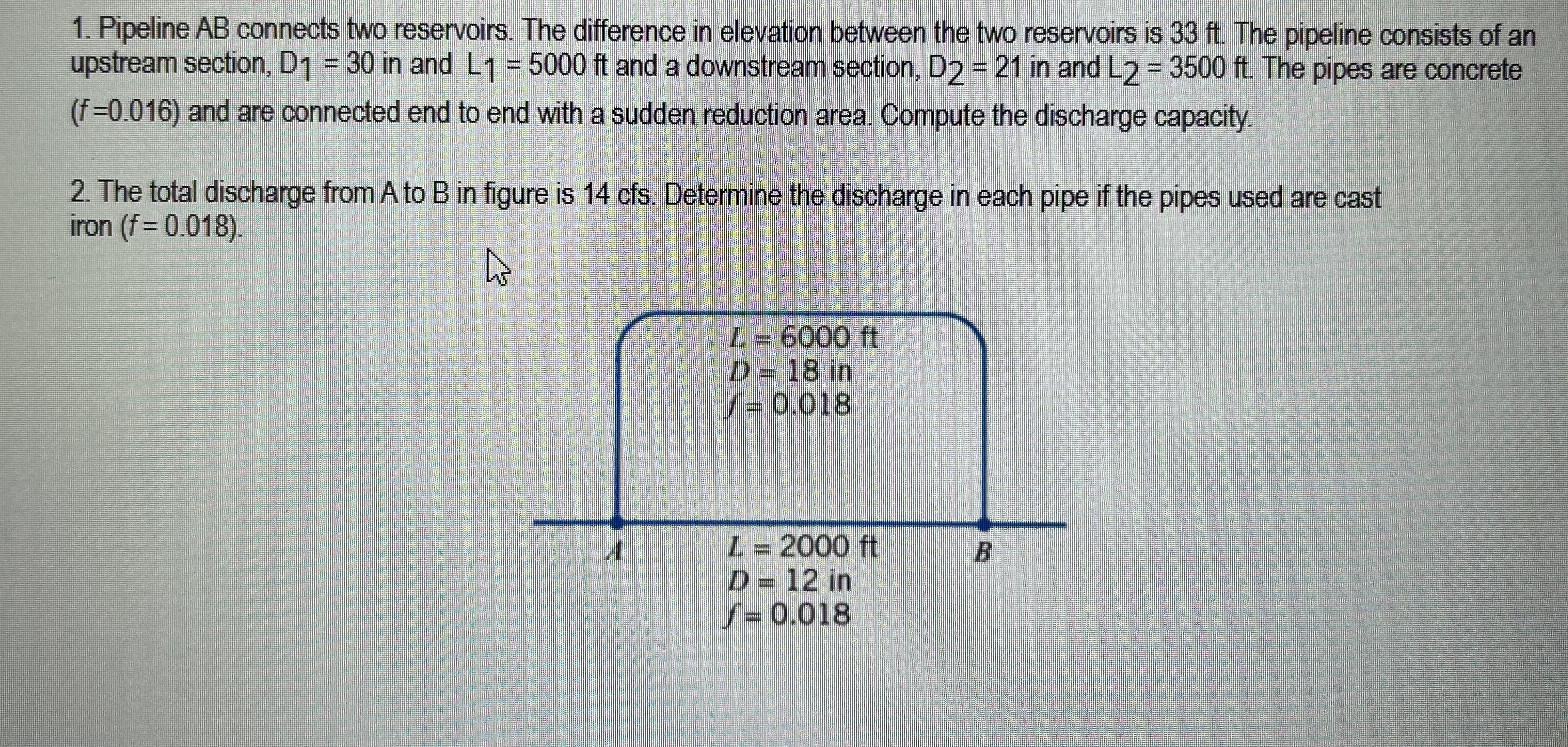 Pipeline AB connects two reservoirs. The