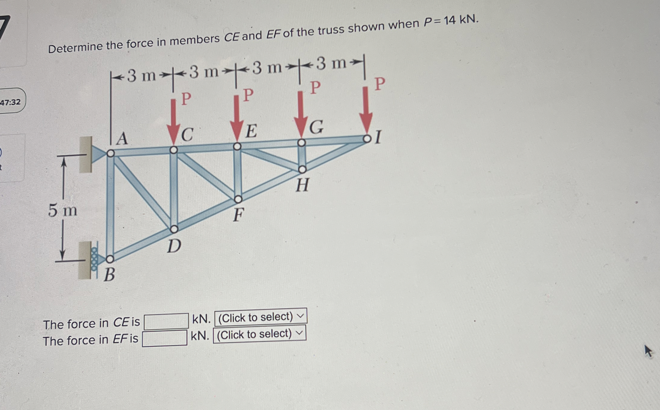 Determine the force in members CE and EF of the
