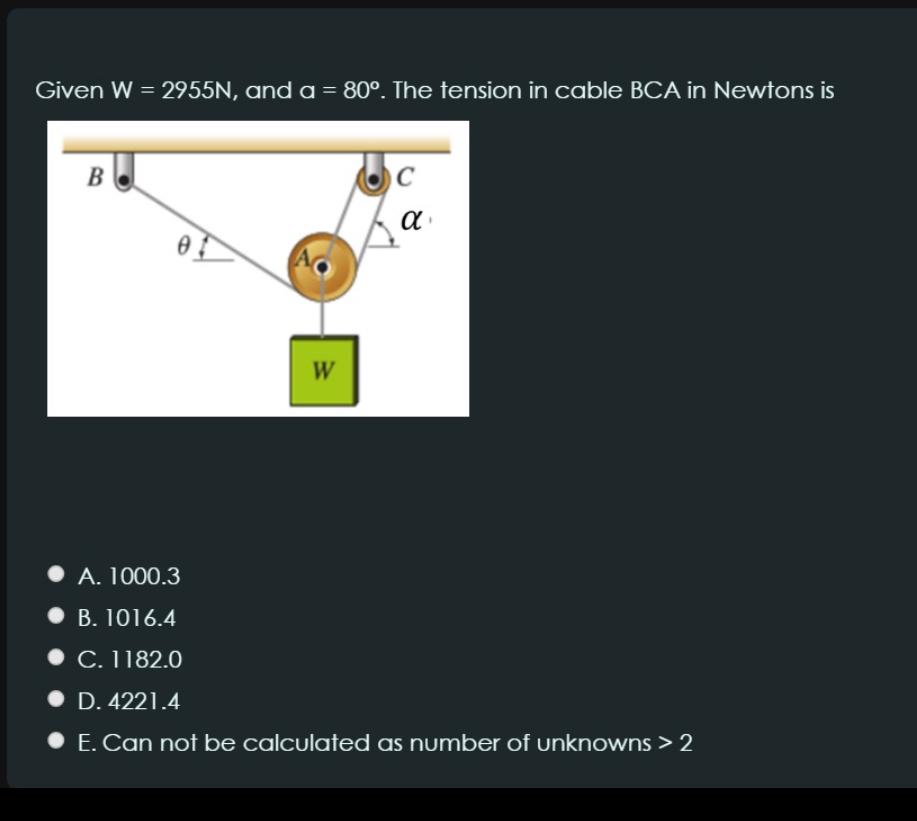 Given W = 2 9 5 5 N , and a = 8 0 . The tension