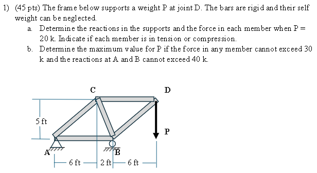 ( 4 5 pts ) The frame below supports a weight P