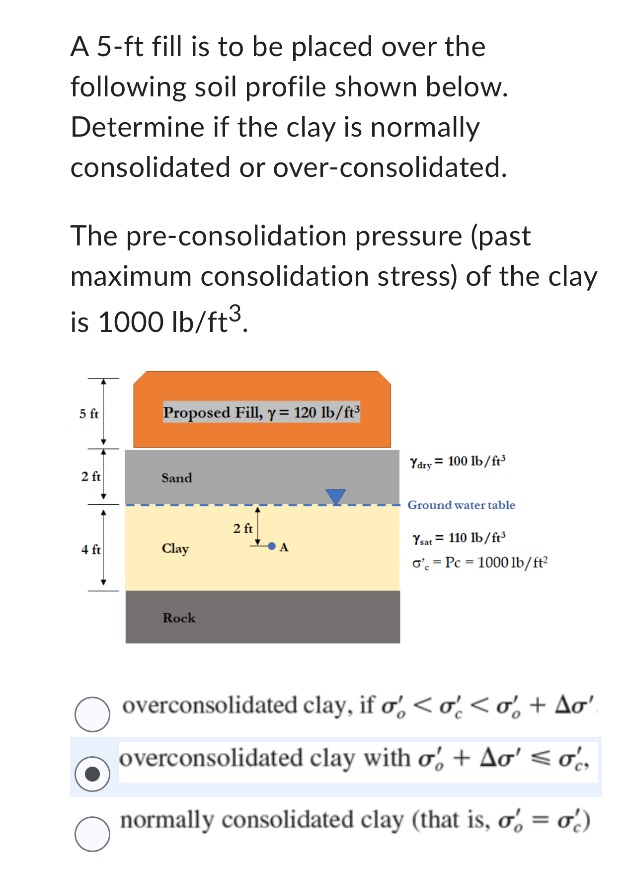 A 5 - ft fill is to be placed over the following