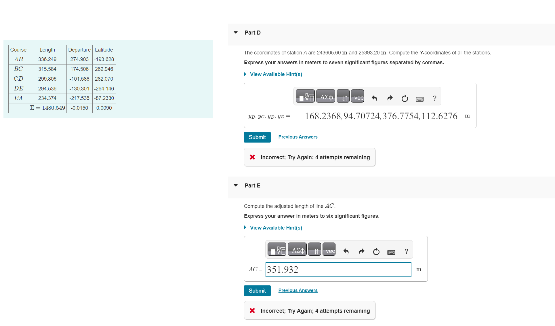Part D The coordinates of station A are 2 4 3 6 0