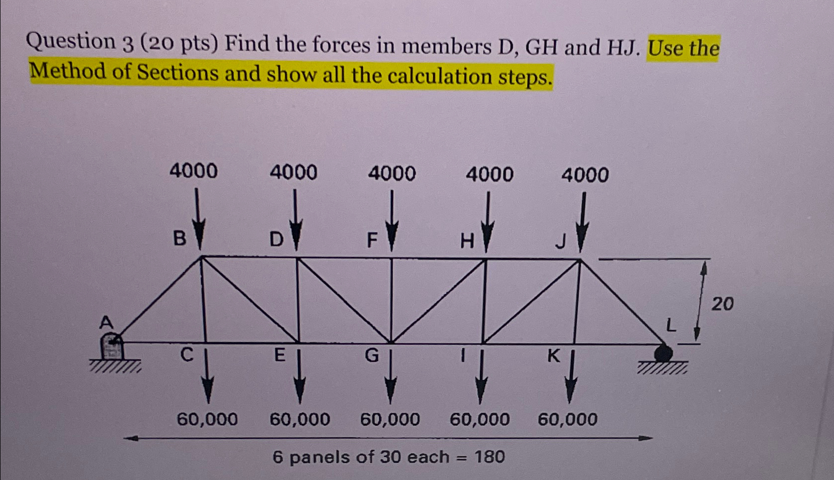 Question 3 ( 2 0 pts ) Find the forces in members