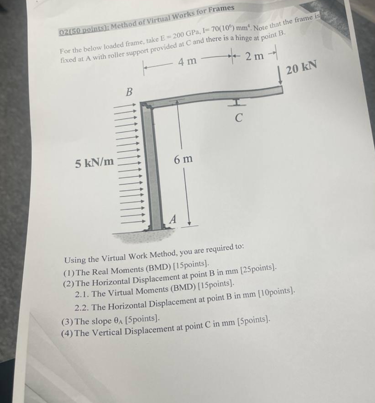 Q 2 ( 5 0 points ) : Method of Virtual Works for