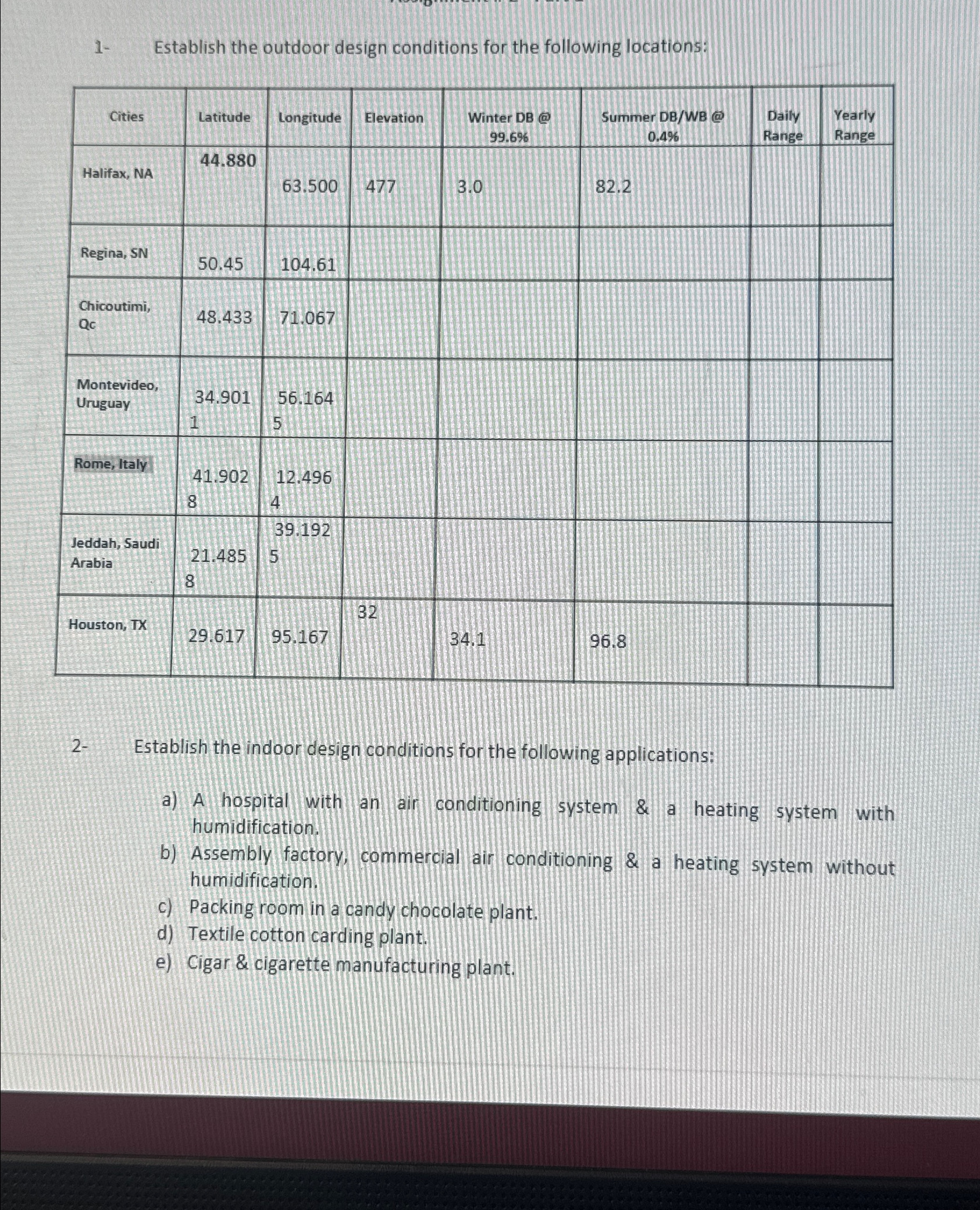 1 - Establish the outdoor design conditions for