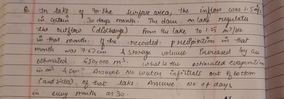 Q . In lake of 7 0 . 8 h a surfare area, the