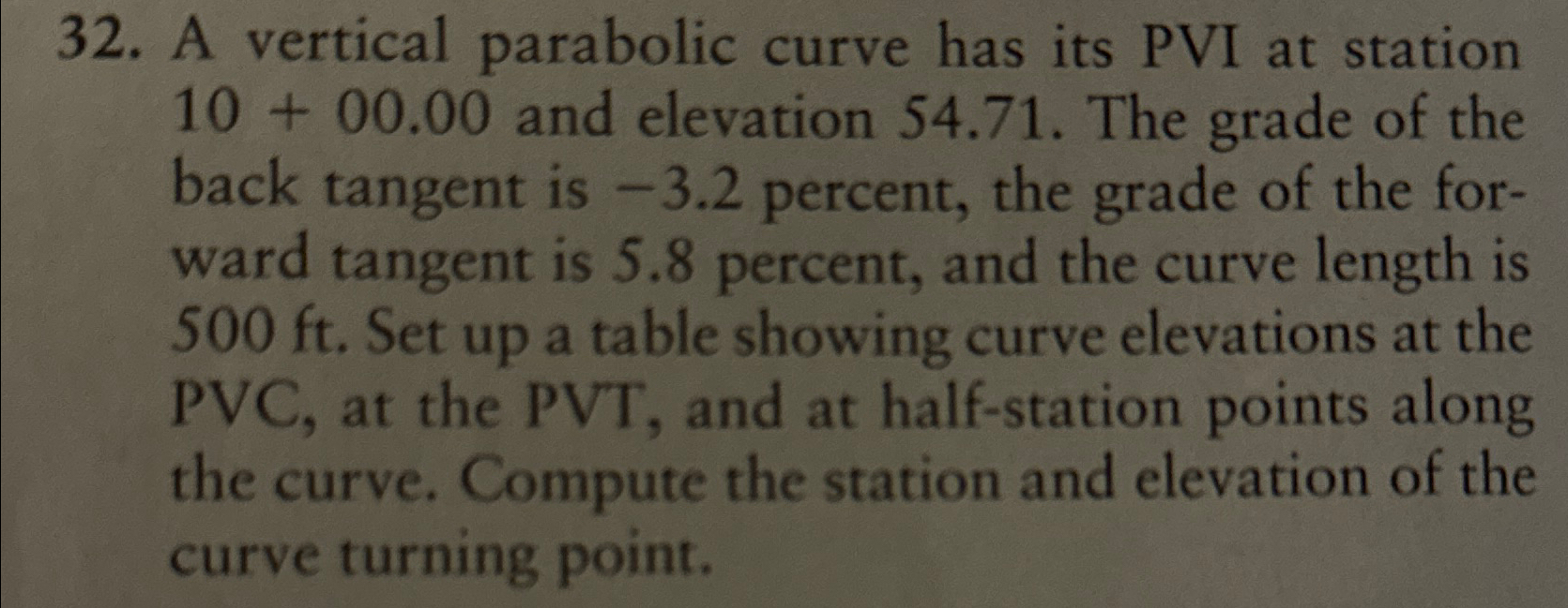 A vertical parabolic curve has its PVI at station