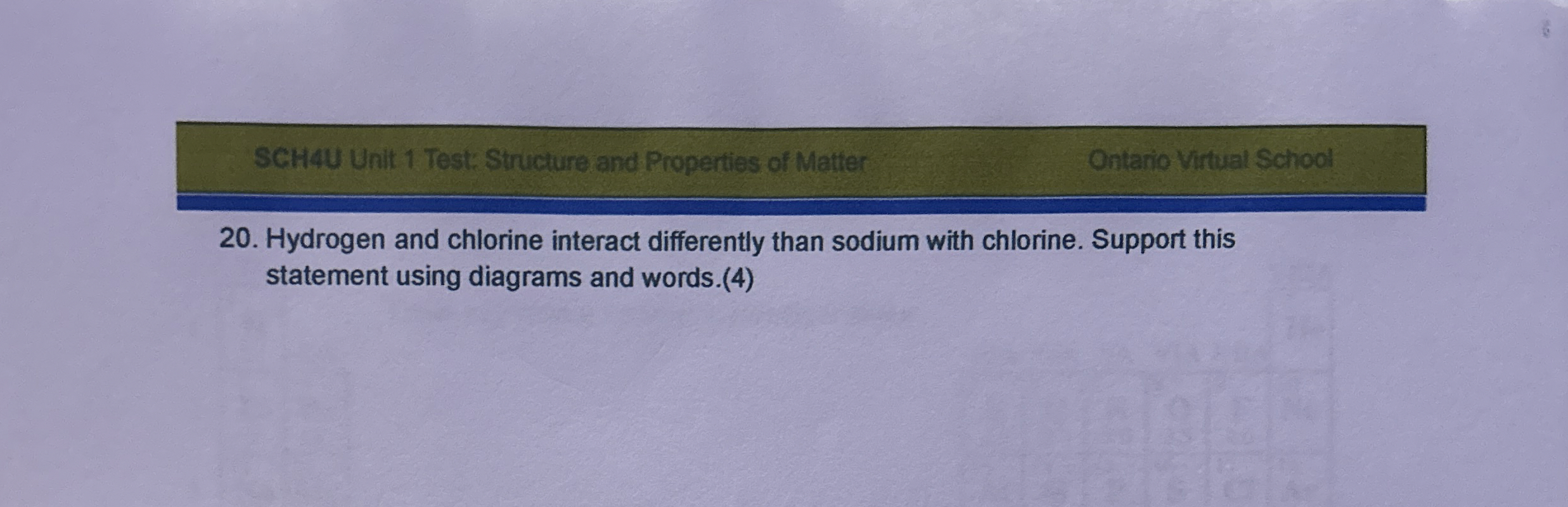 SCH 4 U Unit 1 Test: Structure and Properties of